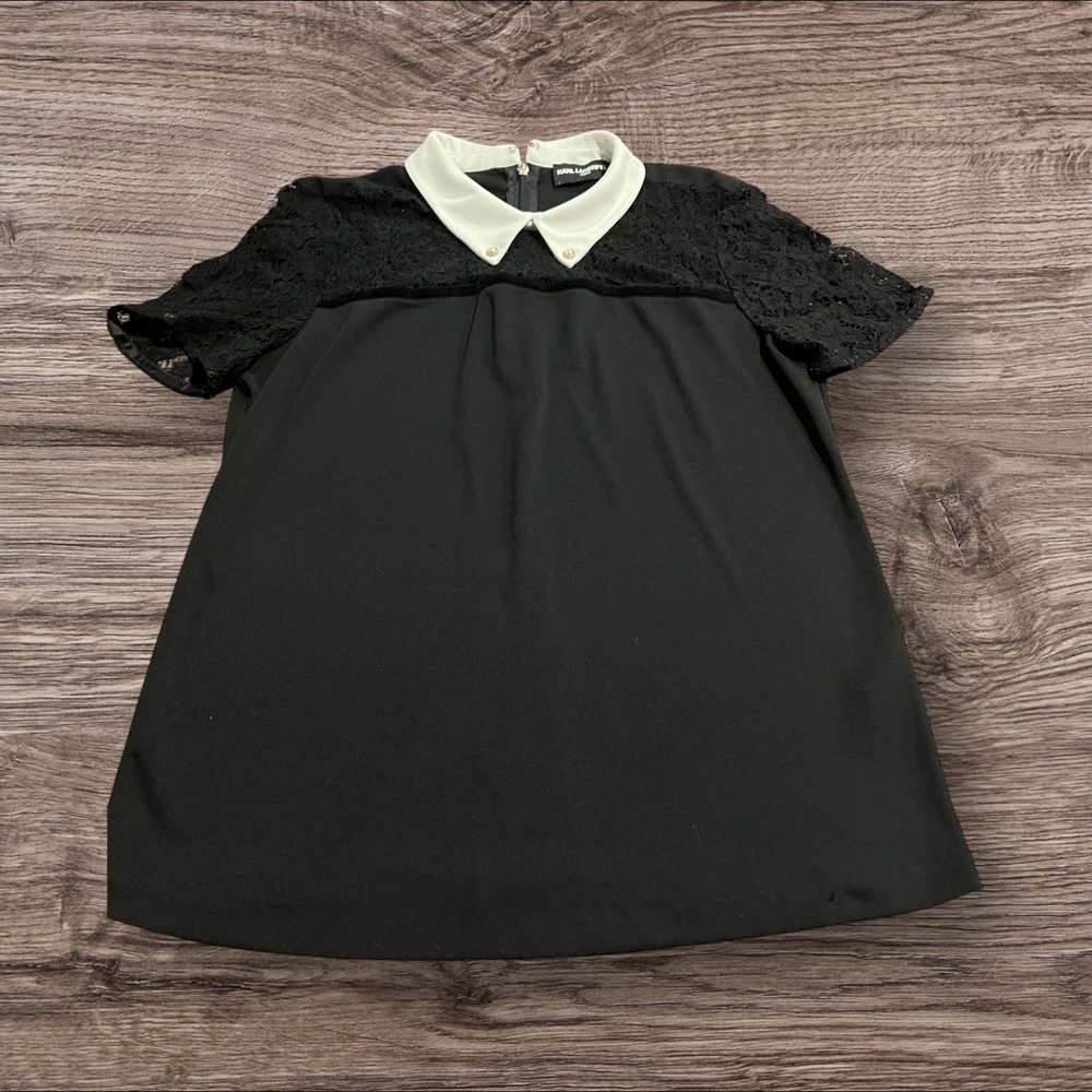 Karl Lagerfeld Paris Black Short Sleeve Top White Collar Lace Velvet
